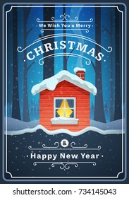 Christmas greeting poster template with wooden house in scandinavian style and falling snow. Vector greeting card with magic winter forest and small and cozy wooden house in red color.