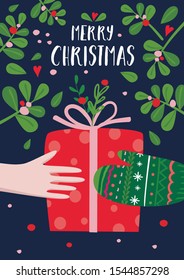 Christmas Greeting Poster with winter elements. Red gift package, winter gloves and christmas leaves. Merry Christmas. - Vector