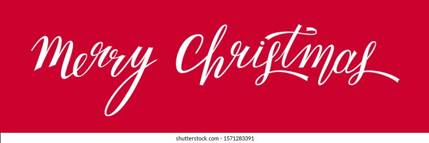 Christmas greeting poster written by handon a red background. Letters. Vector.