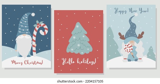 Christmas greeting posters with gnomes. Cute scandinavian gnome girl with lollipop, new year gnome with caramel stick on snowy background with congratulation. Vector illustration