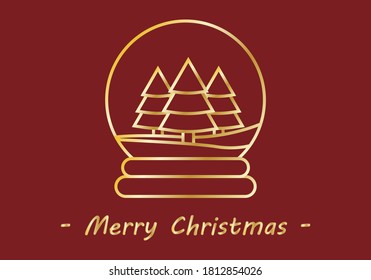 Christmas greeting red background with balls with golden christmas pine trees.