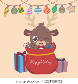 Christmas greeting with a reindeer, presents and ornaments