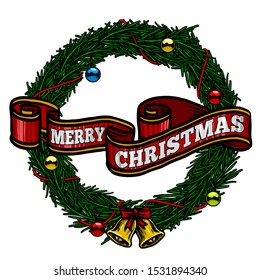 christmas greeting ribbon with leaf and bells and balls