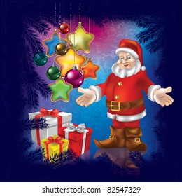 Christmas greeting with Santa Claus and gifts on blue background
