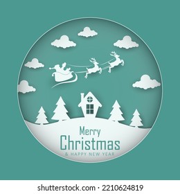 Christmas greeting and Santa Claus sleigh silhouette with paper style design