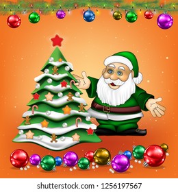 Christmas greeting with Santa Claus and tree on orange background