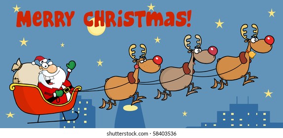 Christmas Greeting With Santa Sleigh And Reindeer