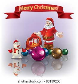  Christmas greeting with Santa snowman and gifts