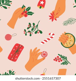 Christmas greeting seamless pattern with hands holding tree toy, gift and mistletoe. Hand drawn vector design for season banner, cover, textile. 