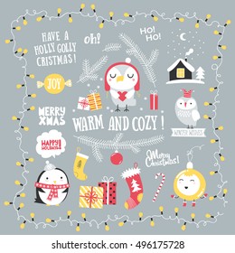 Christmas greeting set. Merry Christmas lettering. Design elements