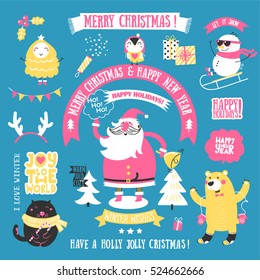 Christmas greeting set. Merry Christmas lettering. Design elements