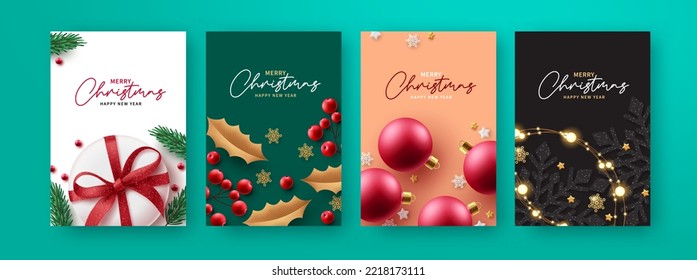 Christmas greeting set vector poster design. Merry christmas and happy new year gift card lay out collection for holiday xmas background decoration. Vector Illustration.