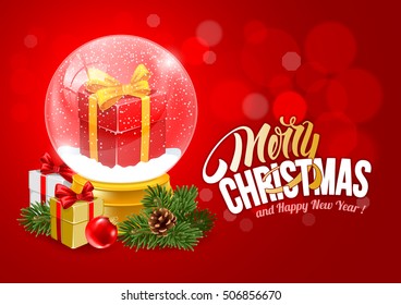 Christmas Greeting with Christmas Snow Globe. Magic Ball with Snow, Gift Box and Flying Snowflakes for your Christmas and New Year Designs. Realistic Vector Stock Illustration. 