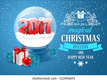 Christmas Greeting with Christmas Snow Globe. Magic Ball With 2017 Digits and Flying Snowflakes. Realistic Vector Stock Illustration.  - Powered by Shutterstock - Get 15% off with code: PIKWIZARD15