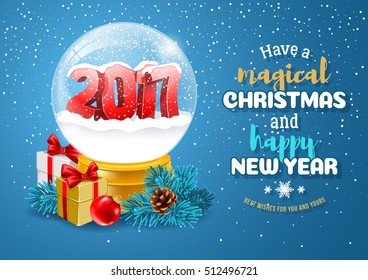 Christmas Greeting with Christmas Snow Globe. Magic Ball With 2017 Digits and Flying Snowflakes. Realistic Vector Stock Illustration. 