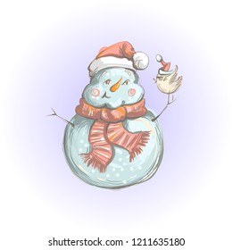 Christmas greeting - Snowman feeding a bird - vector illustration