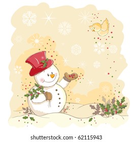 Christmas greeting - Snowman feeding a bird - everything grouped for easy use - vector illustration