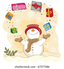 Christmas greeting - Snowman juggling gifts - everything grouped for easy use - vector illustration