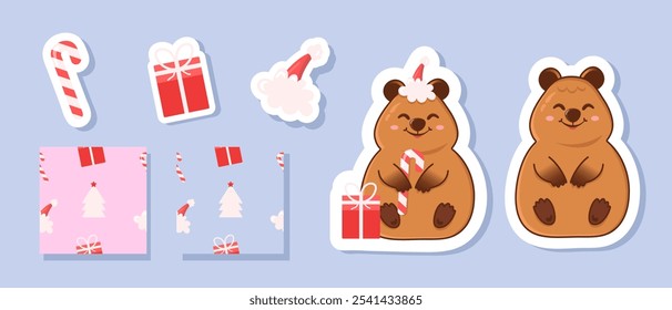 Christmas greeting stickers set with funny quokka sitting in a Santa hat with gifts and New Year's candy, two patterns and stickers isolated