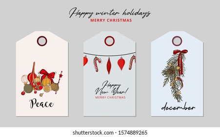 Christmas greeting tag set: bauble, garland,  holiday decorated tree branches, star , candy cone sketch. Hand-drawn winter  Xmas festive decoration, Happy New Year vintage art in vector.