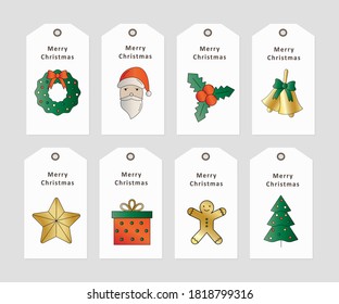 Christmas greeting tag for xmas sale, price, invitation for winter holiday. Set of cute xmas labels with Santa, wreath, star, gift, tree, bow, bell, sock in red and golden color. Vector illustration