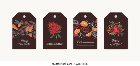 Christmas greeting tags set. Festive colorful xmas cards with botanical elements collection. Poinsettia, mistletoe, star anise, cones and spruce ,coniferous branches on dark background.