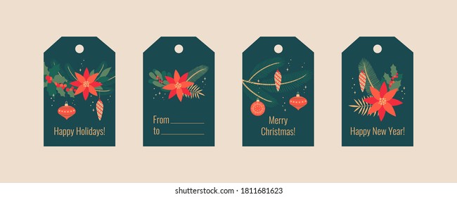 Christmas greeting tags set. Winter festive colorful xmas labels with holly, laurel, mistletoe, flowers of poinsettia and fir tree sprigs on dark background. Vector