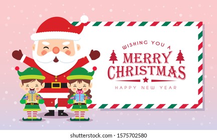 Christmas greeting template or copy space flat design. Cute cartoon santa claus & christmas elves holding gifts on snowy gradient background. Xmas vector illustration.