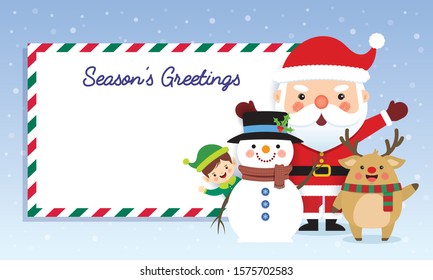 Christmas greeting template or copy space flat design. Cute cartoon santa claus, reindeer, snowman & christmas elf on snowy background. Xmas vector illustration.