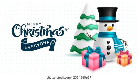 Christmas greeting text vector design. Merry christmas holiday season with gift boxes and snow man character in pattern background. Vector illustration greeting card design. 