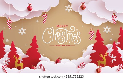 Christmas greeting text vector design. Merry christmas and happy new year greeting card with paper cut ornaments and elements decoration. Vector illustration holiday season template.
