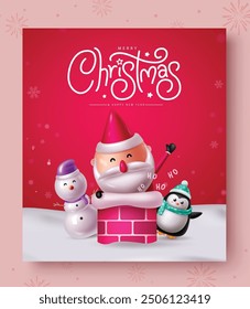 Christmas greeting text vector design. Merry christmas greeting card with funny santa claus in chimney, happy snowman and cute penguin characters in winter pink border. Vector illustration poster card