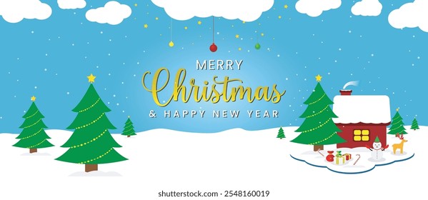 Christmas greeting text vector design. Merry Christmas and happy new year greeting card with winter christmas ornaments. Vector illustration holiday season template.