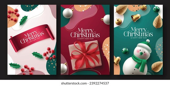 Christmas greeting text vector poster set. Merry christmas and happy new year greeting card with xmas holiday decoration elements in abstract gift tags background. Vector illustration gift tags 