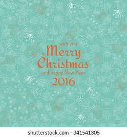 Christmas greeting turquoise card with text wish you a Merry Christmas and many winter doodles. Santa, toys, cookies, snowmen, fir, candies, socks, gifts, bows, snowflakes, stars, hollies, mittens