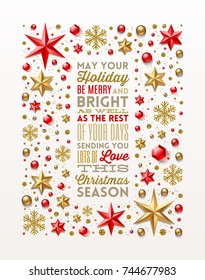 Christmas greeting type design in frame which is made from stars, ruby gems golden snowflakes, beads and glitter gold. Vector illustration.