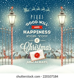 Christmas greeting type design with vintage street lantern against a evening rural winter landscape - holidays vector illustration