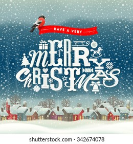 Natal tipo de saudação design com cena de aldeia de inverno - férias ilustração vetor