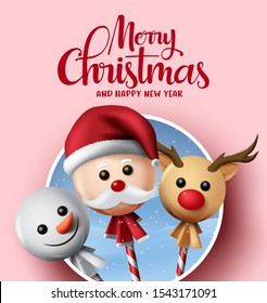 Christmas greeting vector background design. Merry christmas typography text with xmas element of sweet lollipop cover with santa claus, snowman, reindeer with circle frame in pink background.