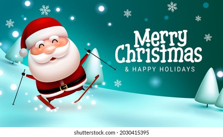 Christmas greeting vector background design. Merry christmas text with ice skating santa claus character in outdoor snow sliding for fun xmas season celebration. Vector illustration.
