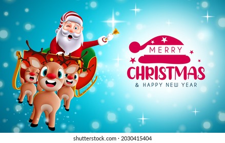 Christmas greeting vector background design. Merry christmas text with reindeer and santa claus character flying and riding sleigh for xmas holiday season. Vector illustration.