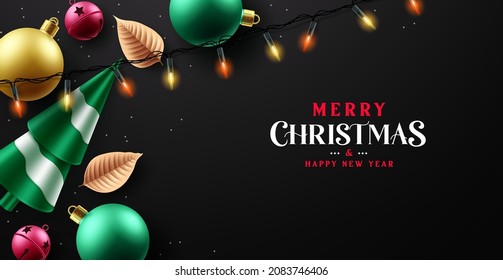 Christmas greeting vector background design. Merry christmas greeting text with xmas light elements in black elegant empty space for holiday season card decoration. Vector illustration. 
