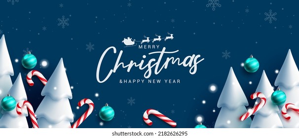 Weihnachtsgruß, Vektorhintergrund-Design. Fröhlicher Weihnachtstext mit blauer Dekoration in Tannenbaum, Weihnachtsbälle und Bonbons für die Feiertagsausflüge. Vektorgrafik.
