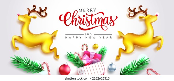 Christmas greeting vector background design. Merry christmas text with decoration of golden deer, xmas balls and pine leaves elements for elegant holiday season. Vector illustration.
