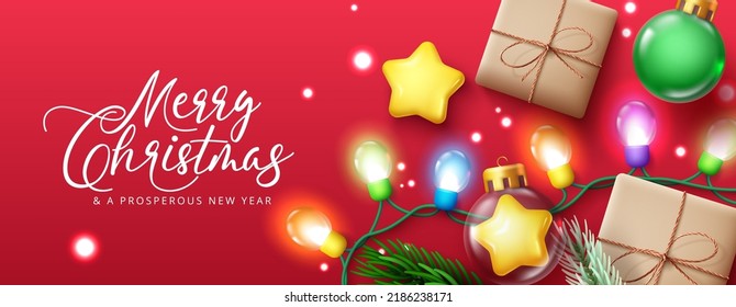 Christmas greeting vector background design. Merry christmas text in red copy space with gift, xmas lights and balls elements for holiday season. Vector illustration.
