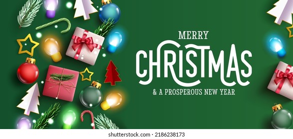 Christmas greeting vector background design. Merry christmas text with gifts and decoration elements in green copy space for xmas holiday celebration. Vector illustration.
