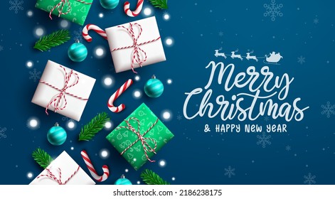 Diseño de fondo vectorial de saludo de Navidad. Merry navidad tipografía texto con regalos, caña de caramelos y bolas de Navidad en fondo azul para mensajes de vacaciones. Ilustración vectorial.
