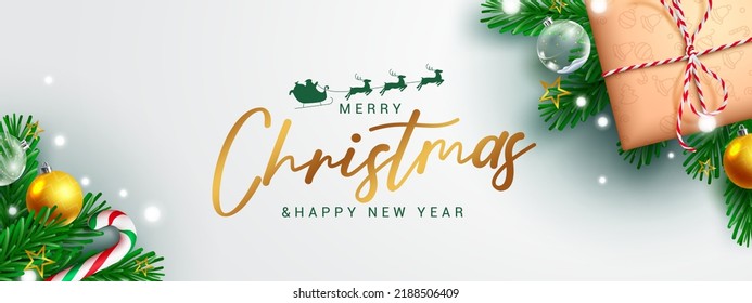 Weihnachtsgruß, Vektorhintergrund-Design. Fröhlicher Weihnachtstypografie-Text in Weiß-Dekoration mit Geschenk, Weihnachtsbällen und Bonbonelementen für Urlaubsnachrichten. Vektorgrafik.
