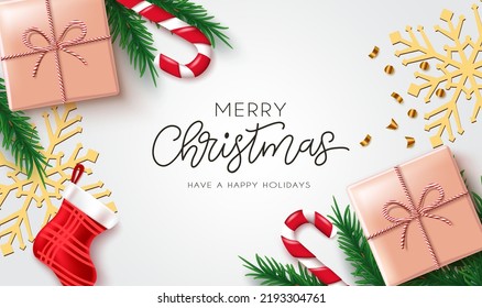 Christmas greeting vector background design. Merry christmas text with xmas gift, candy cane, stocking and snowflakes elements for holiday season messages. Vector illustration.
