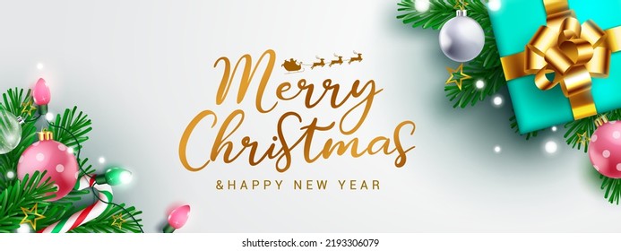 Christmas greeting vector background design. Merry christmas typography text with gift, xmas balls and garland elements for holiday season messages. Vector illustration.
